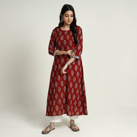 Red Block Print Mul Cotton A-Line Bagh Kurta For Women