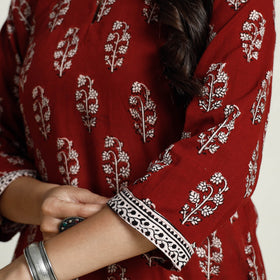 Red Block Print Mul Cotton A-Line Bagh Kurta For Women