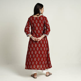 Red Block Print Mul Cotton A-Line Bagh Kurta For Women