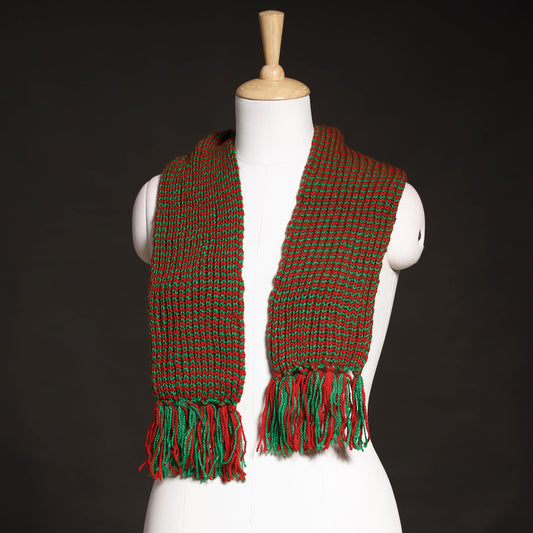 Multicolor - Red & Green - Kumaun Hand Knitted Woolen Muffler (66 in)