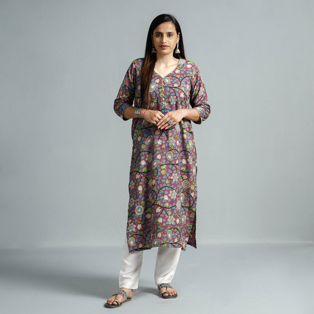 Purple - Kalamkari Printed Cotton Straight Kurta