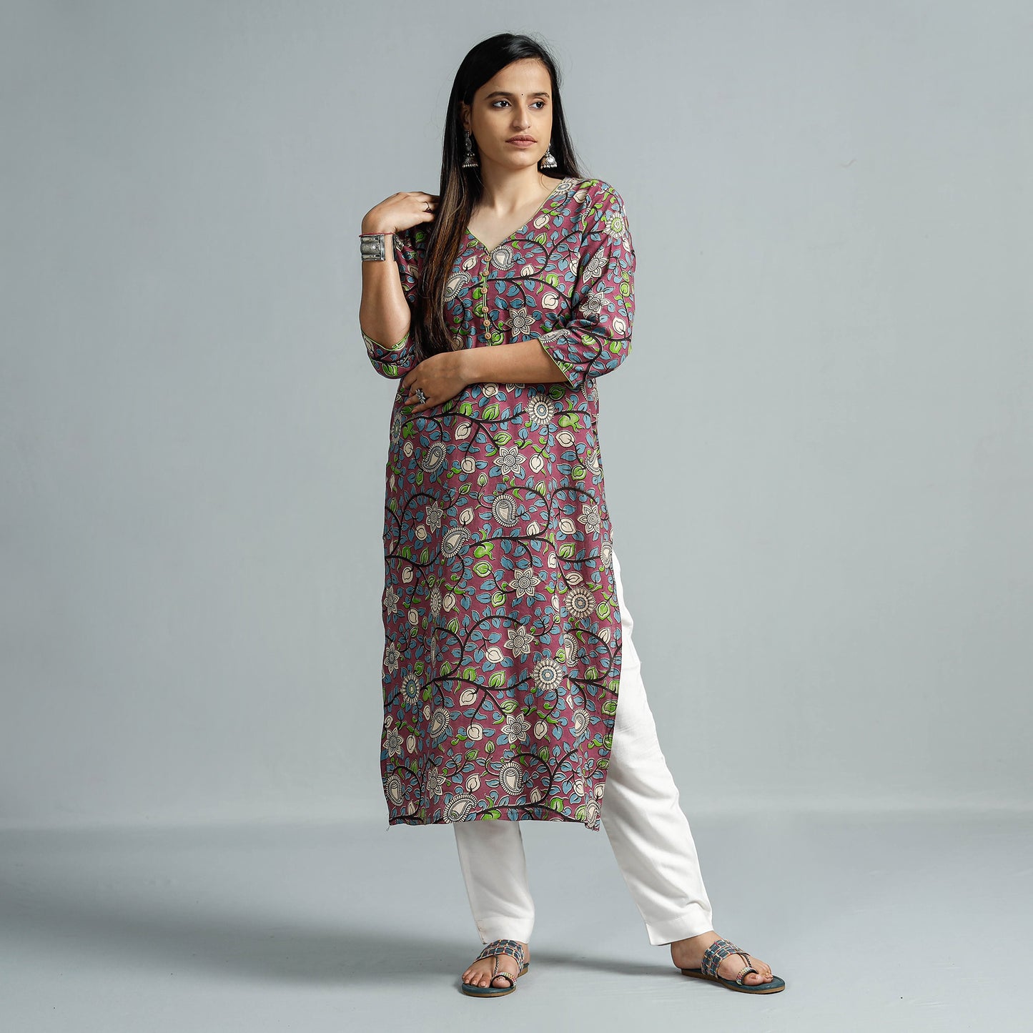 Purple - Kalamkari Printed Cotton Straight Kurta