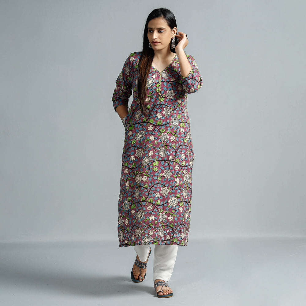 Purple - Kalamkari Printed Cotton Straight Kurta