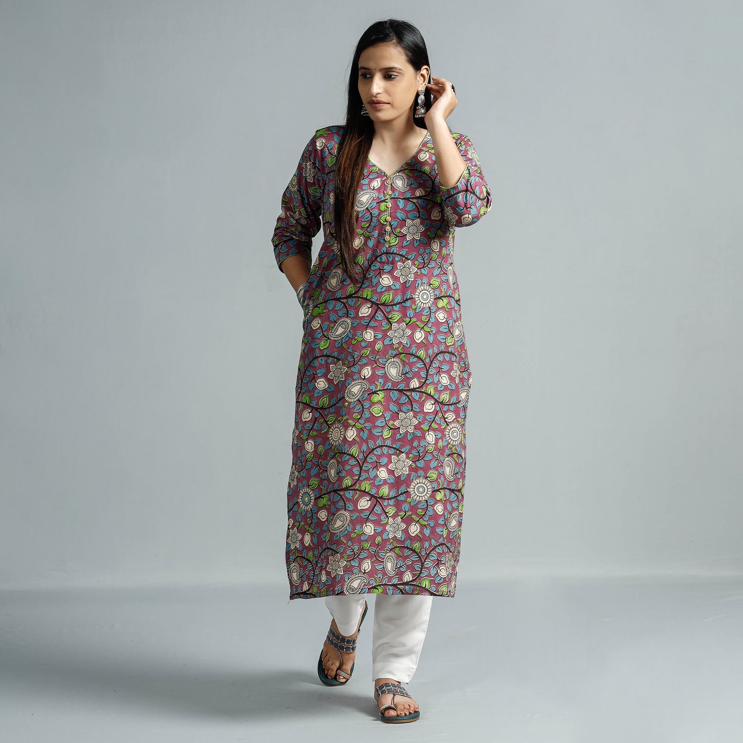 Purple - Kalamkari Printed Cotton Straight Kurta