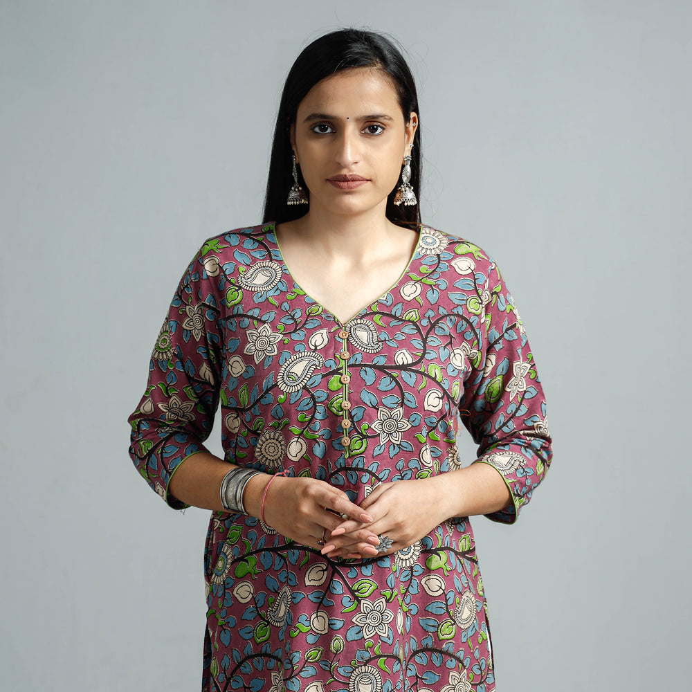 Purple - Kalamkari Printed Cotton Straight Kurta