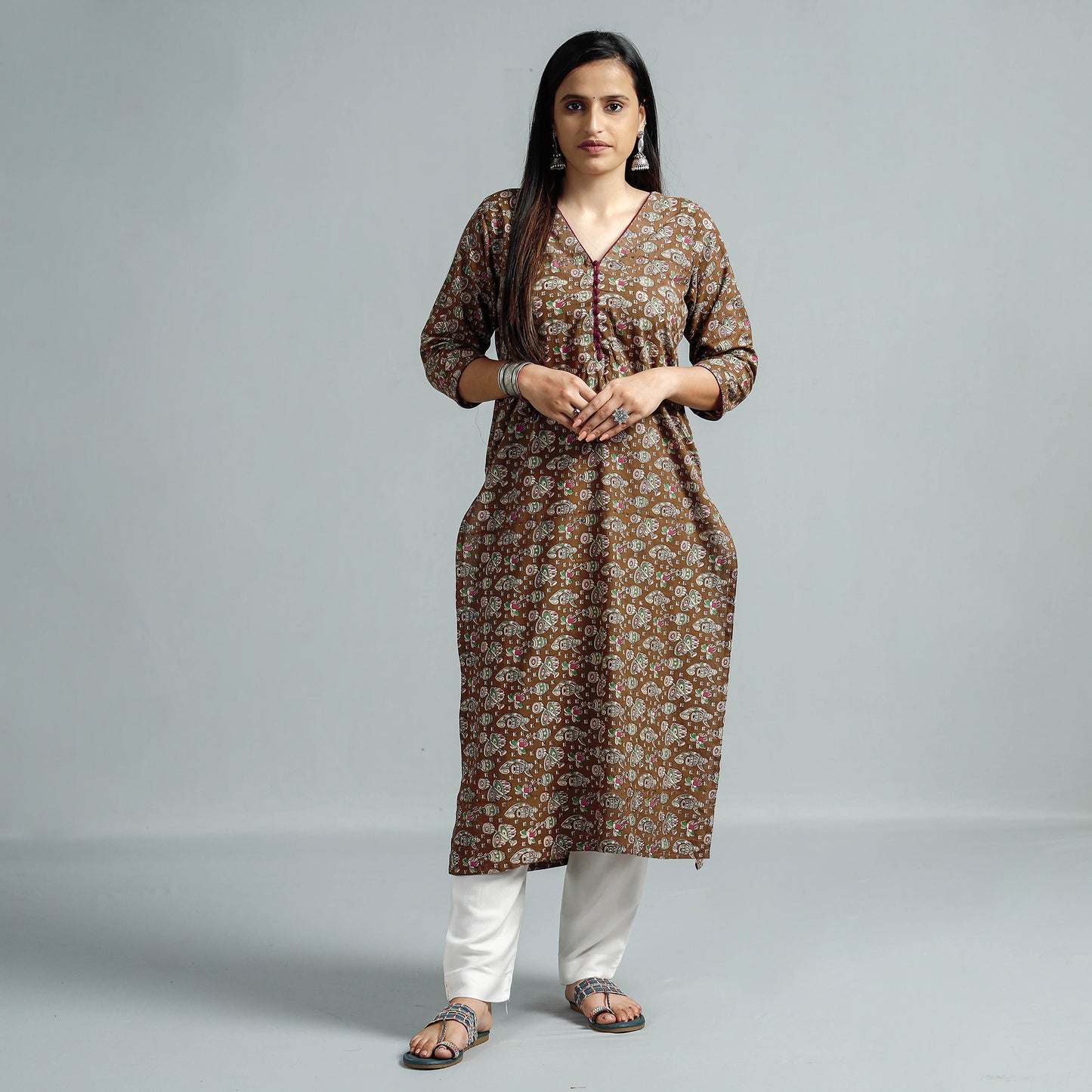 Brown - Kalamkari Printed Cotton Straight Kurta