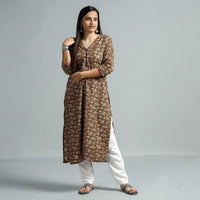 Brown - Kalamkari Printed Cotton Straight Kurta