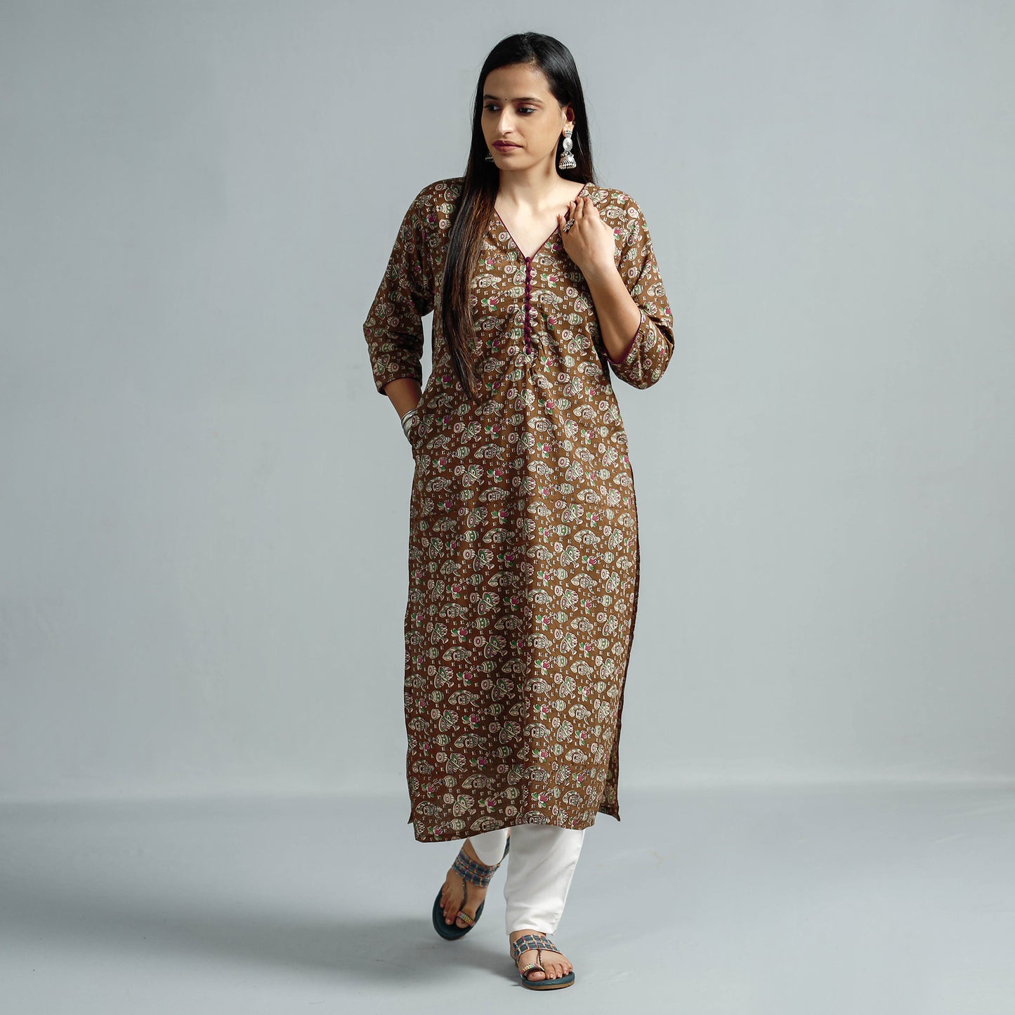 Brown - Kalamkari Printed Cotton Straight Kurta