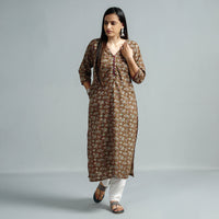 Brown - Kalamkari Printed Cotton Straight Kurta