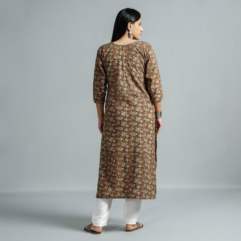 Brown - Kalamkari Printed Cotton Straight Kurta