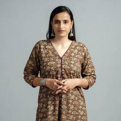 Brown - Kalamkari Printed Cotton Straight Kurta