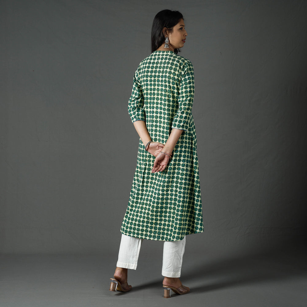 Green - Pipad Block Printed Cotton Long Kurta