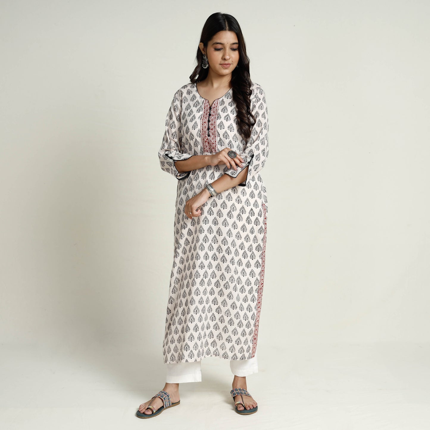 White - Bagh Block Printed Mul Cotton Long Kurta