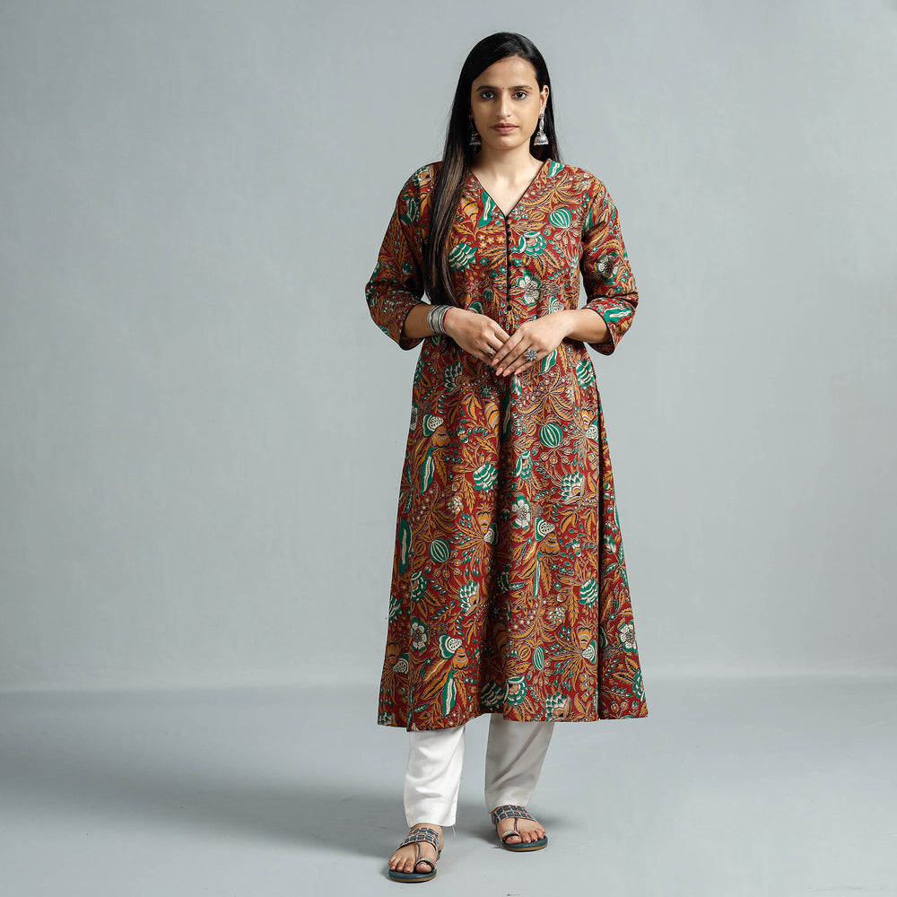 Red - Kalamkari Printed Cotton Flared Kurta