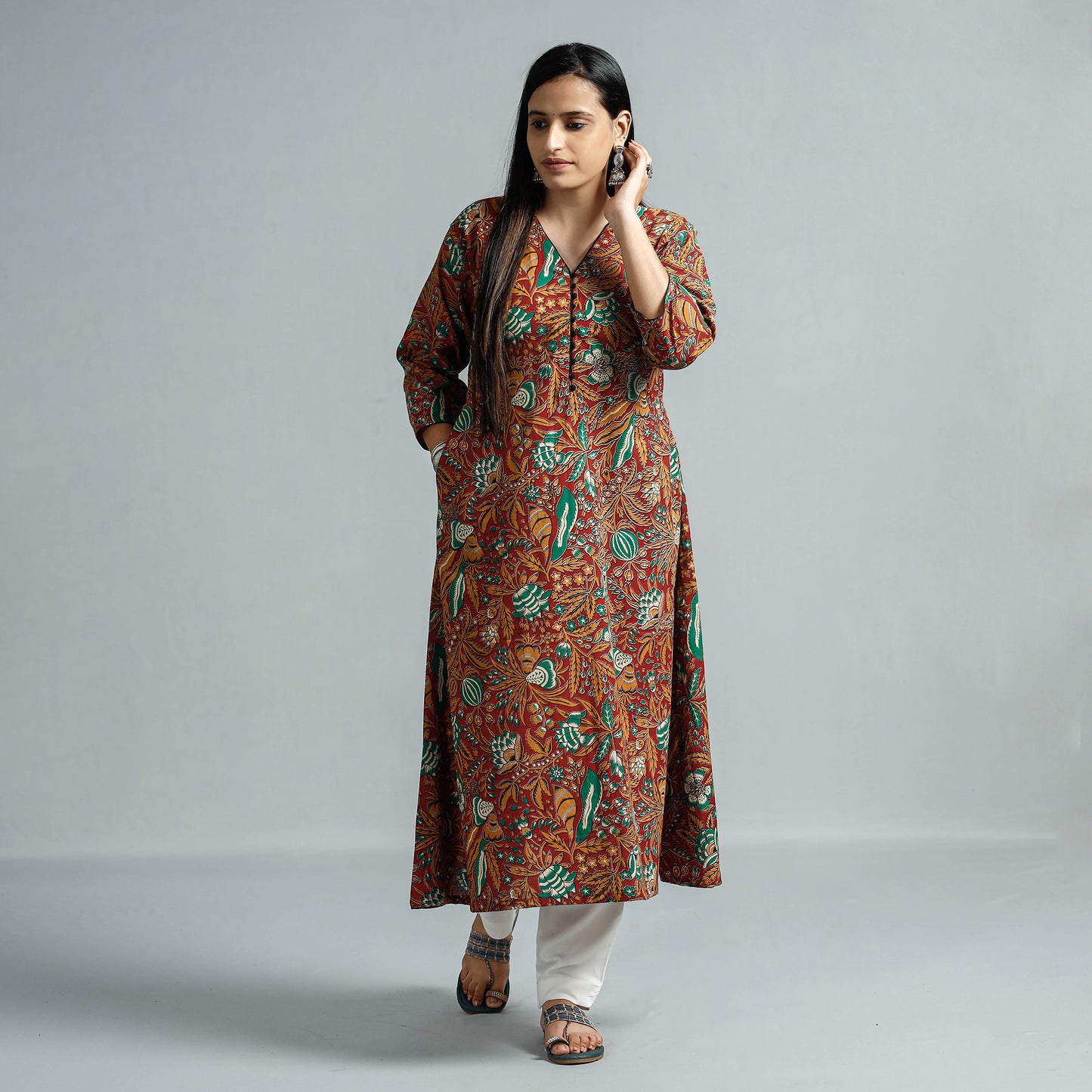 Red - Kalamkari Printed Cotton Flared Kurta