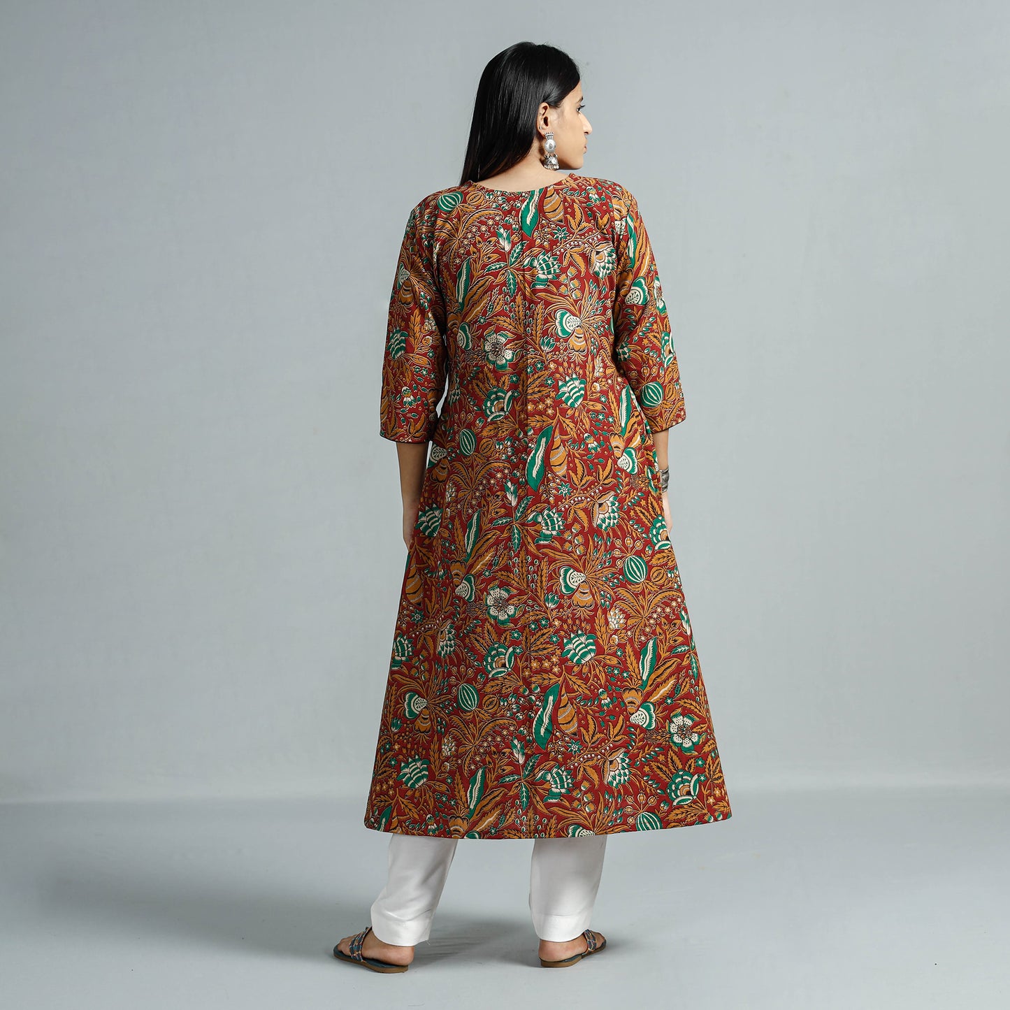 Red - Kalamkari Printed Cotton Flared Kurta