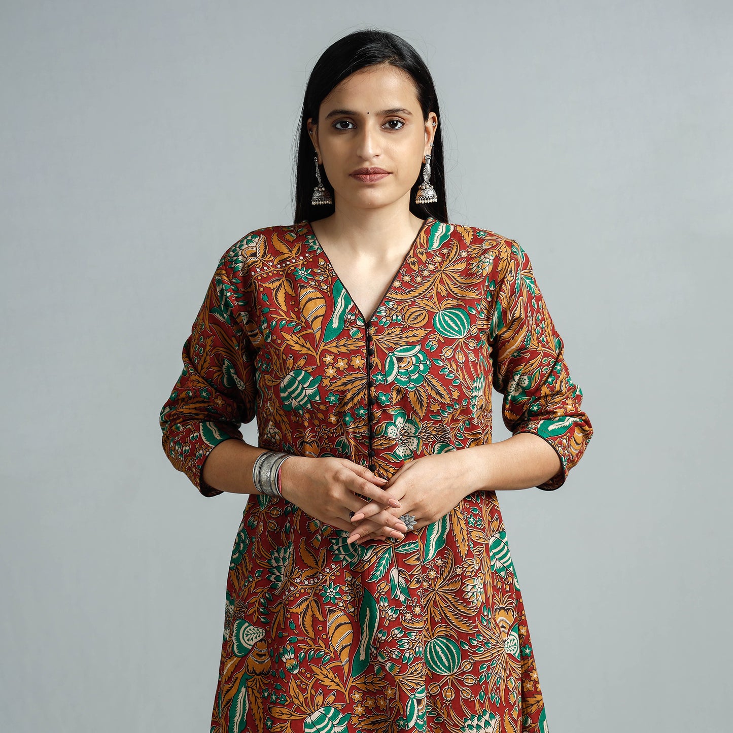 Red - Kalamkari Printed Cotton Flared Kurta