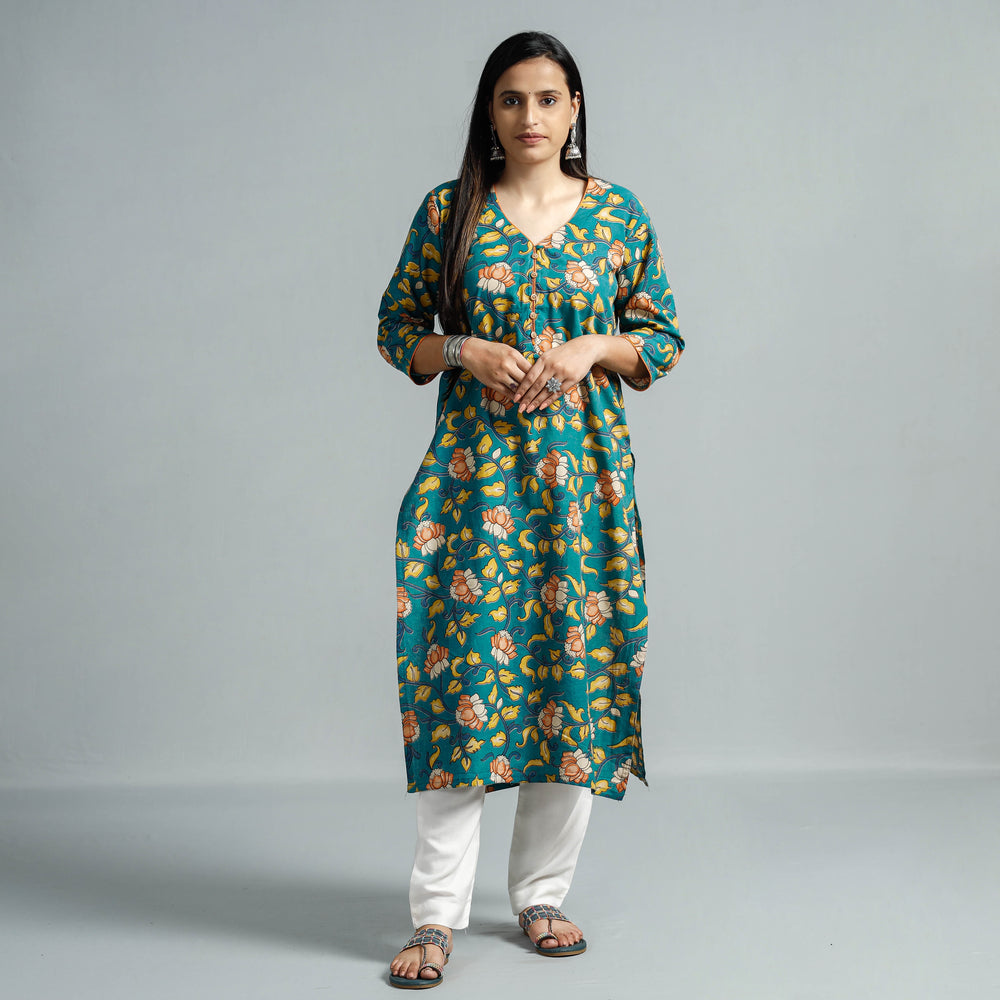 Green - Kalamkari Printed Cotton Straight Kurta