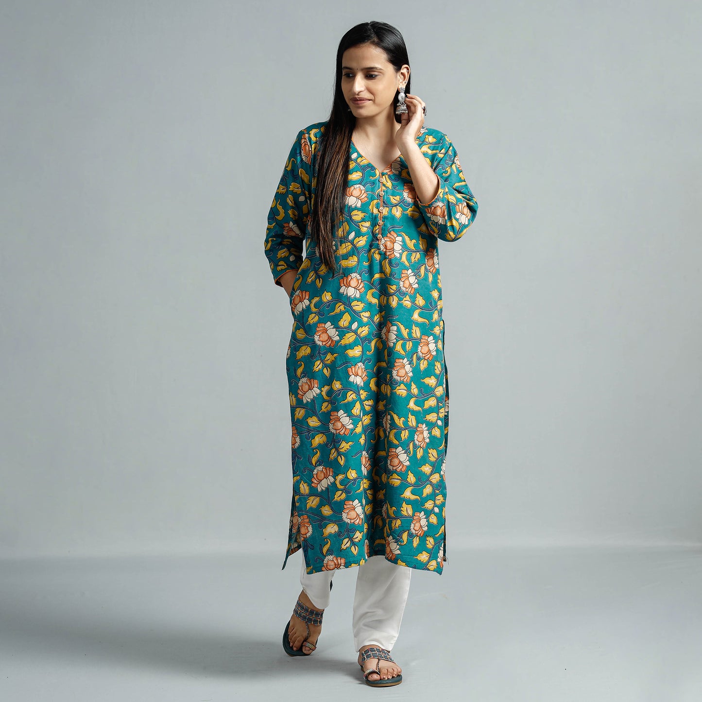 Green - Kalamkari Printed Cotton Straight Kurta