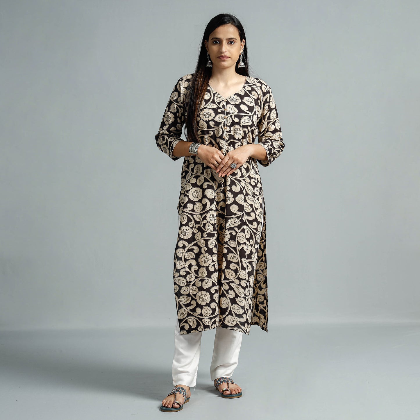 Beige - Kalamkari Printed Cotton Straight Kurta