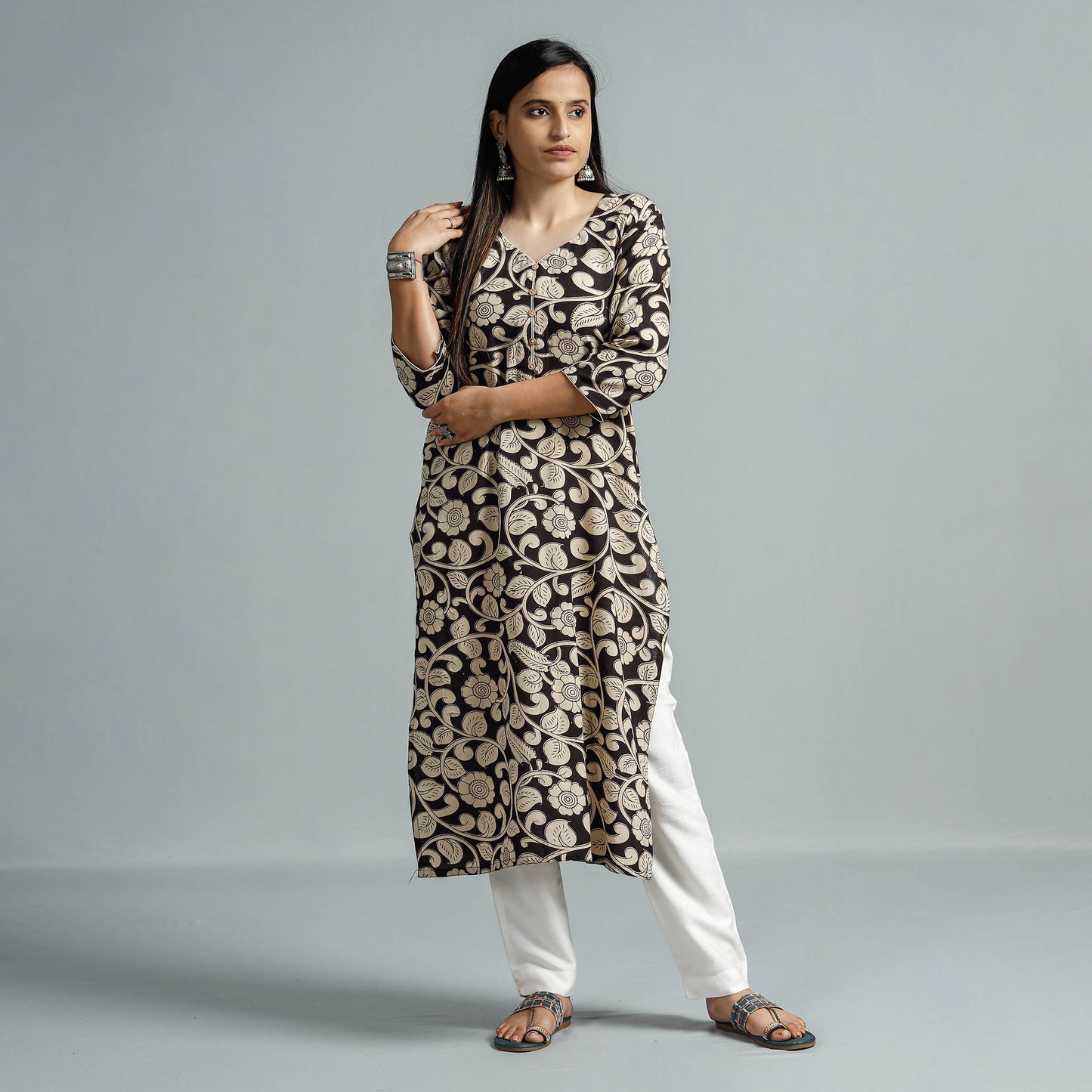 Beige - Kalamkari Printed Cotton Straight Kurta