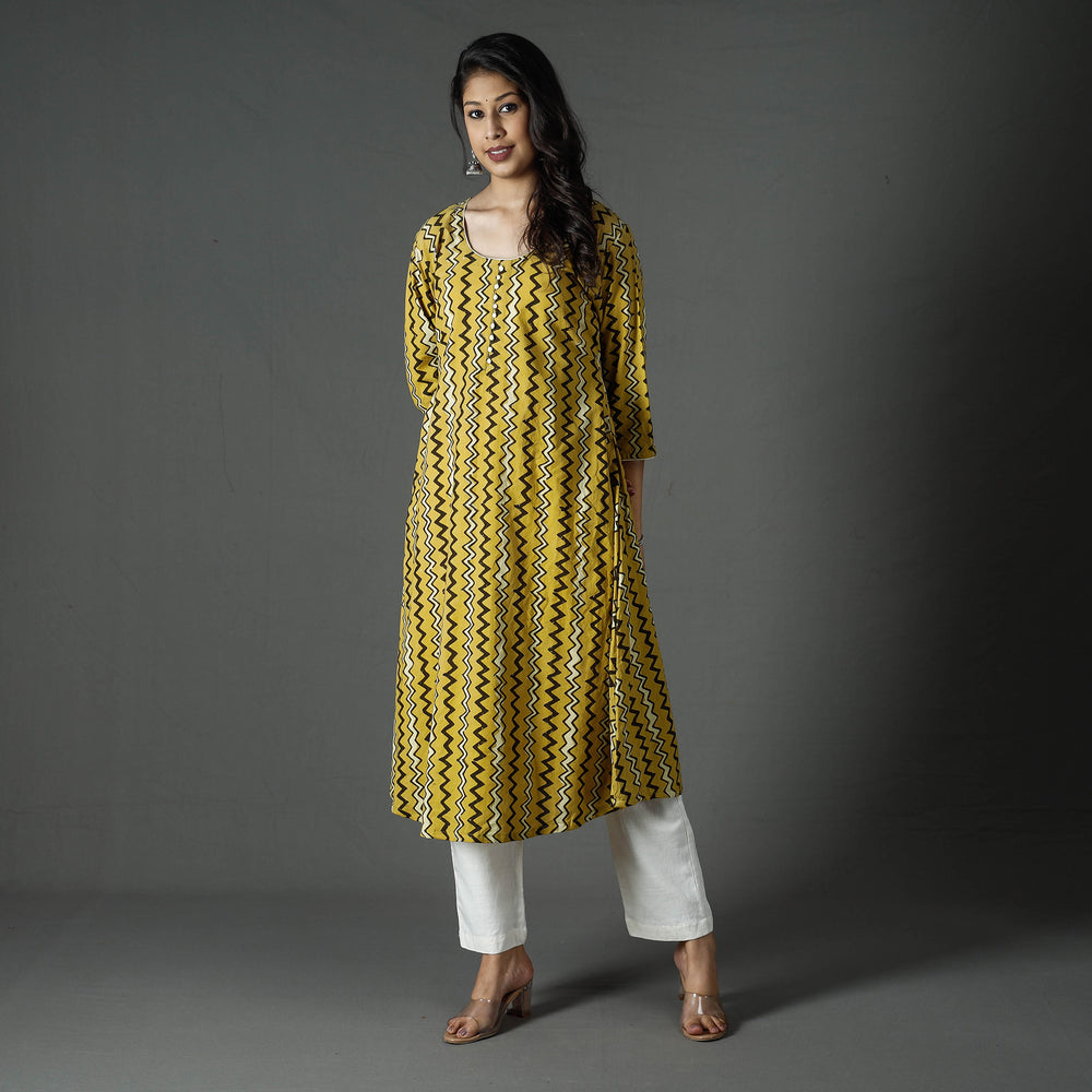 Yellow - Pipad Block Printed Cotton Long Kurta