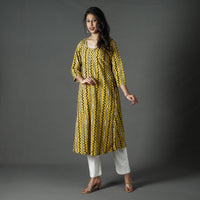 Yellow - Pipad Block Printed Cotton Long Kurta