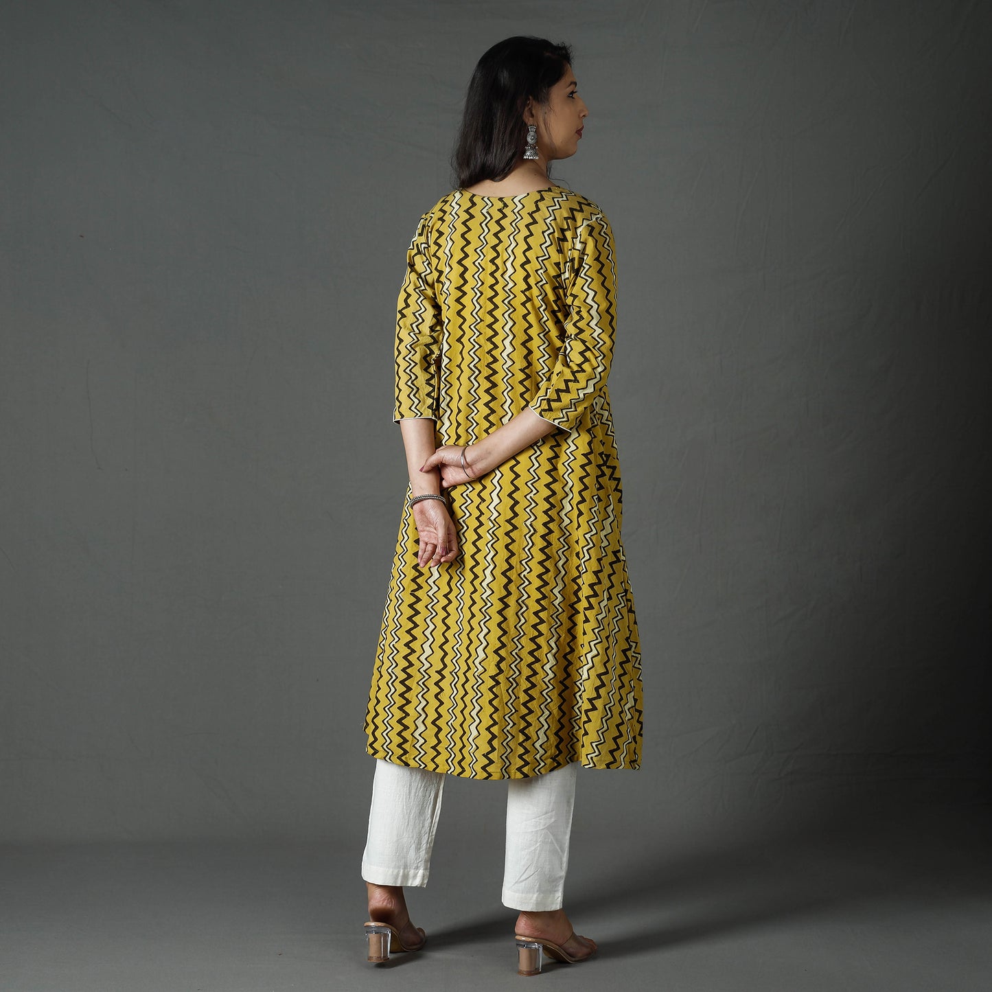 Yellow - Pipad Block Printed Cotton Long Kurta