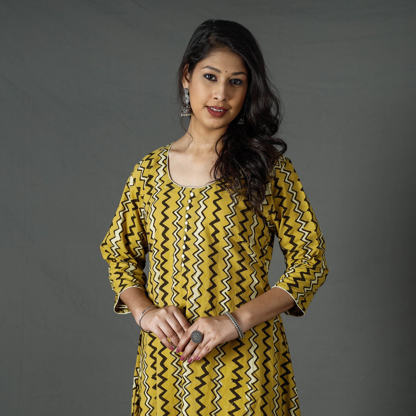 Yellow - Pipad Block Printed Cotton Long Kurta