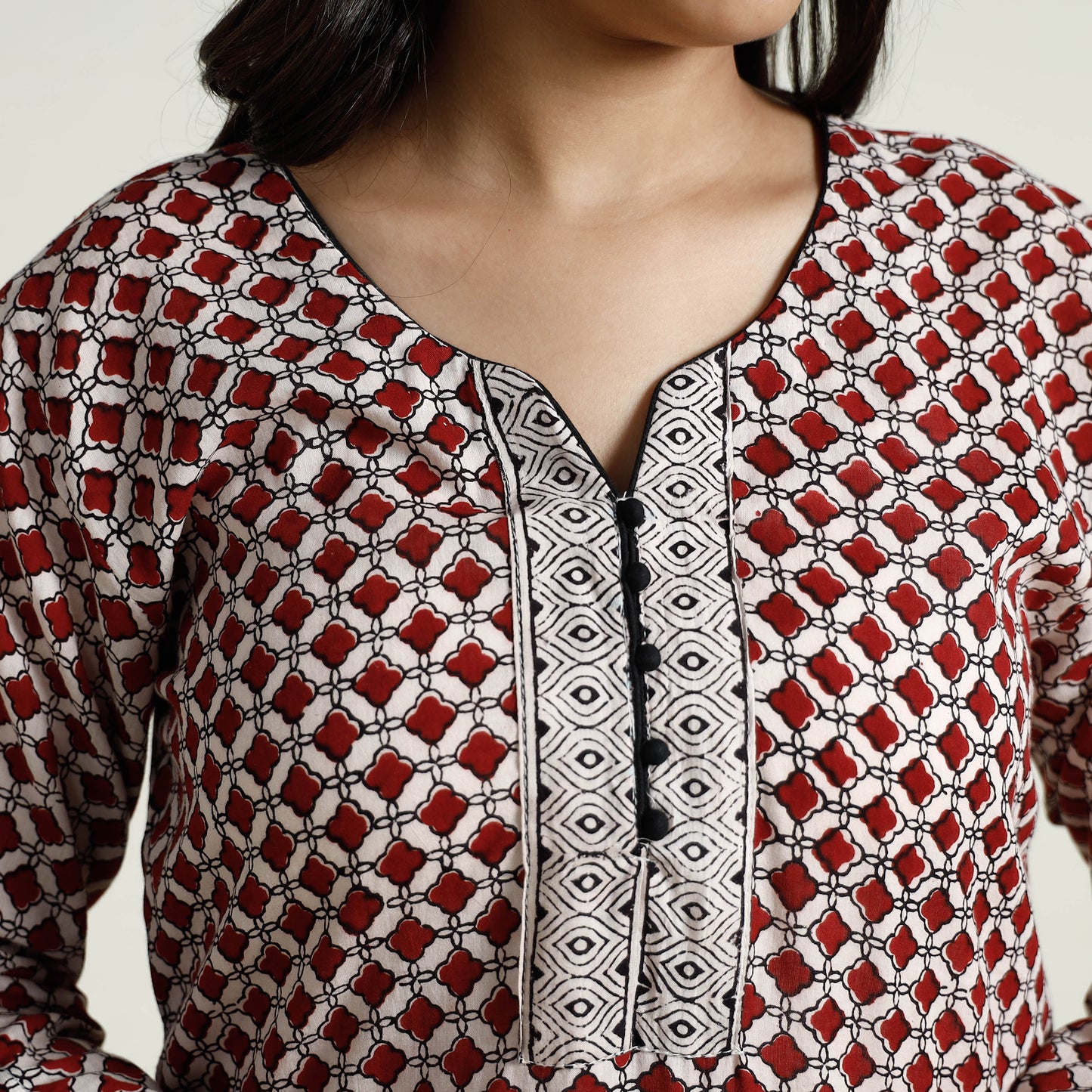 Red - Bagh Block Printed Mul Cotton Long Kurta