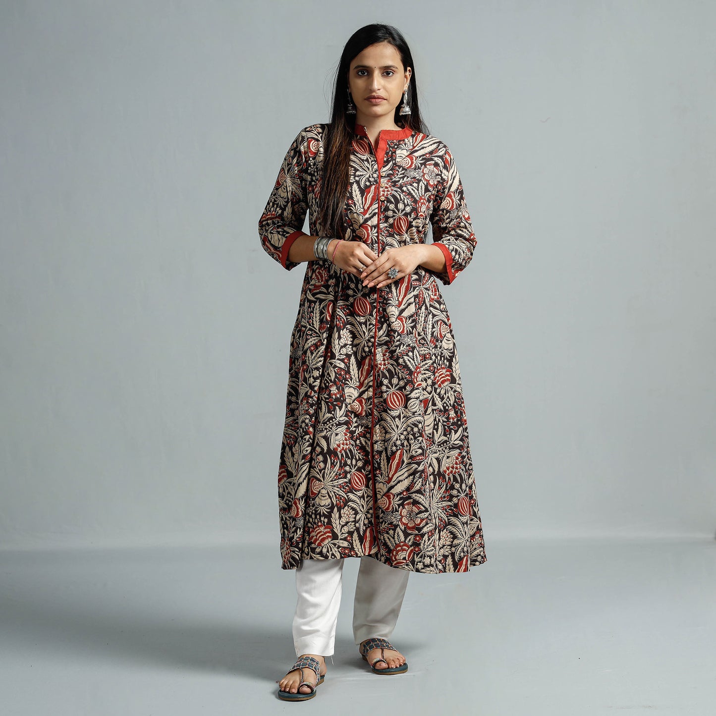 Beige - Kalamkari Printed Cotton Flared Kurta