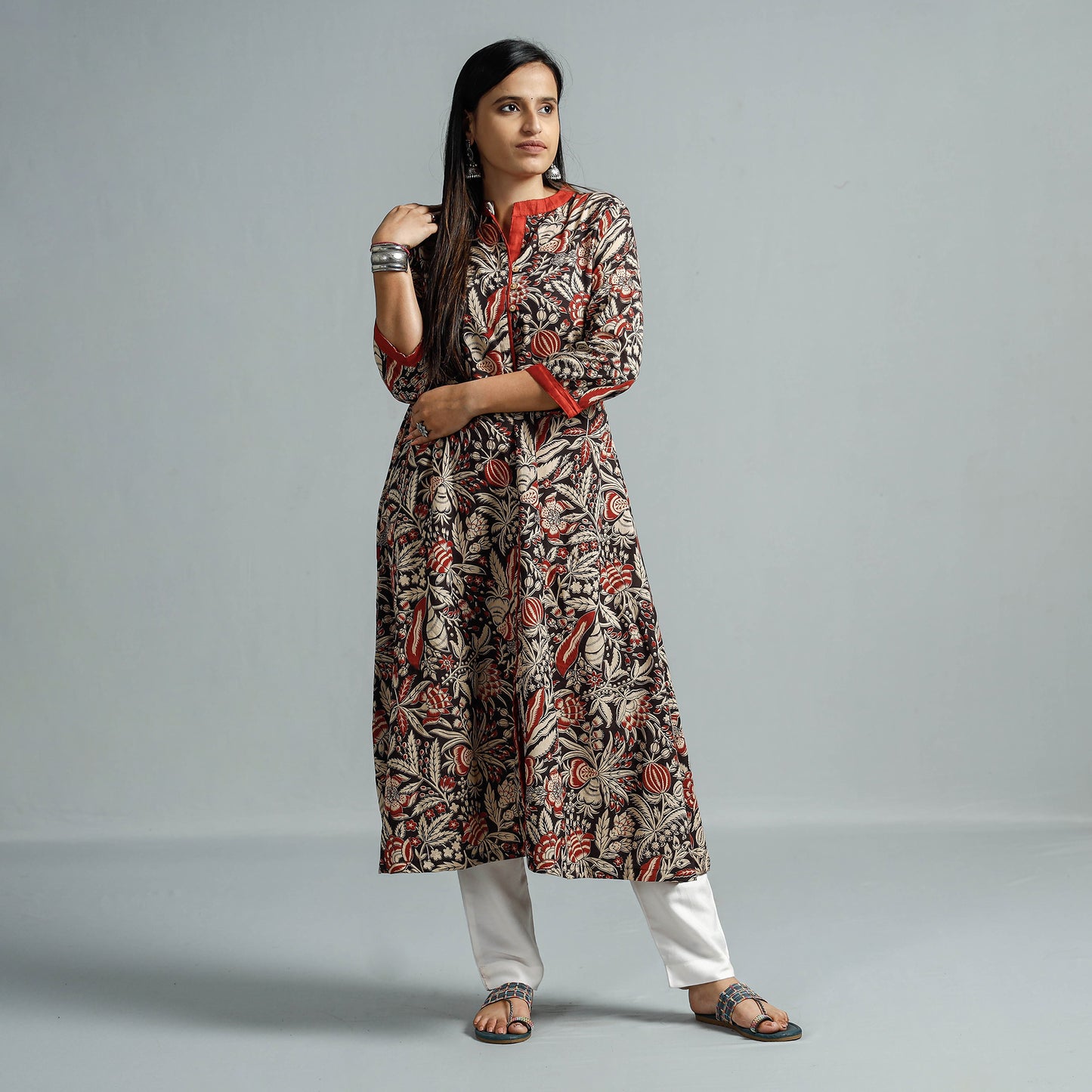 Beige - Kalamkari Printed Cotton Flared Kurta