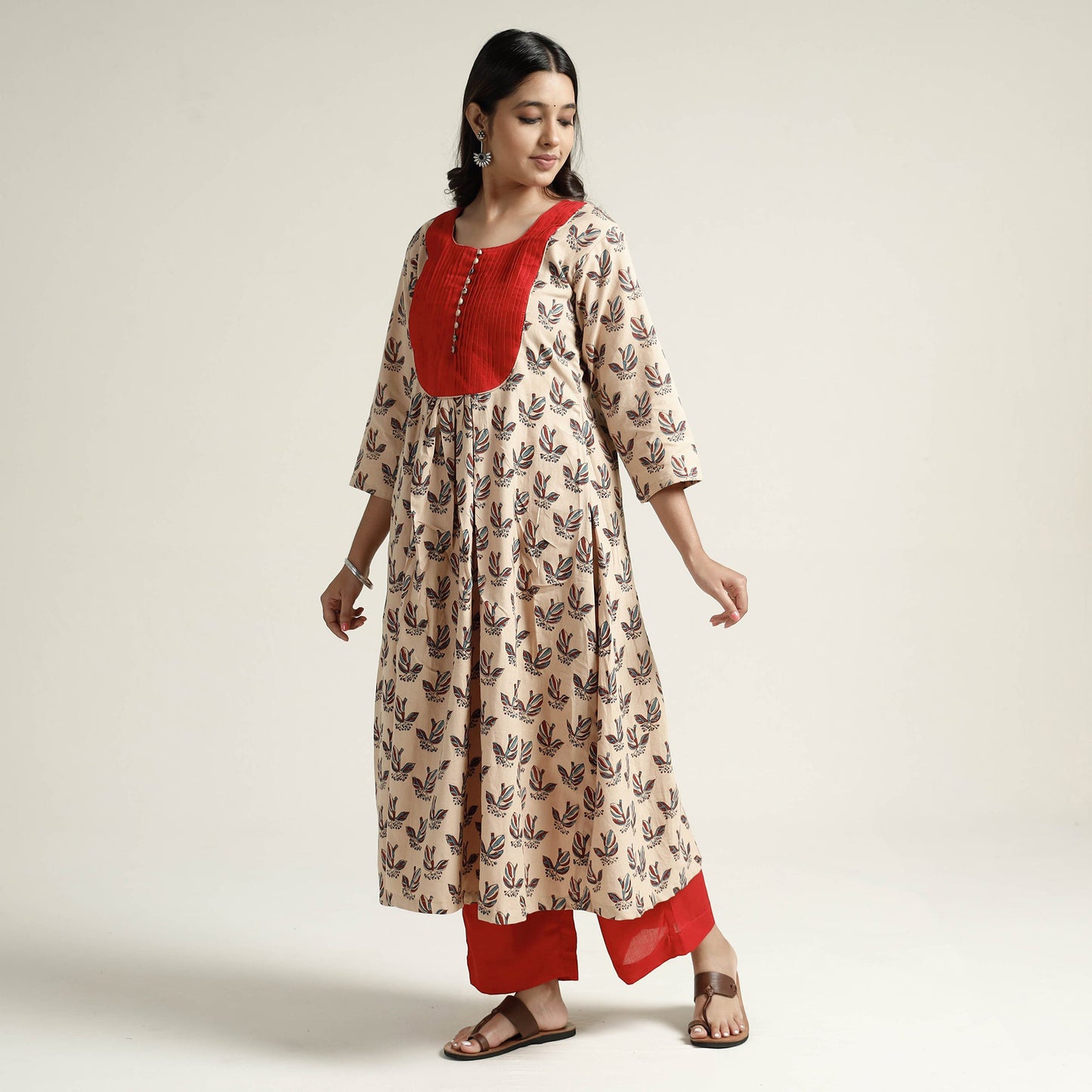 Beige - Mangalagiri Block Printed Cotton Kurta with Palazzo Set