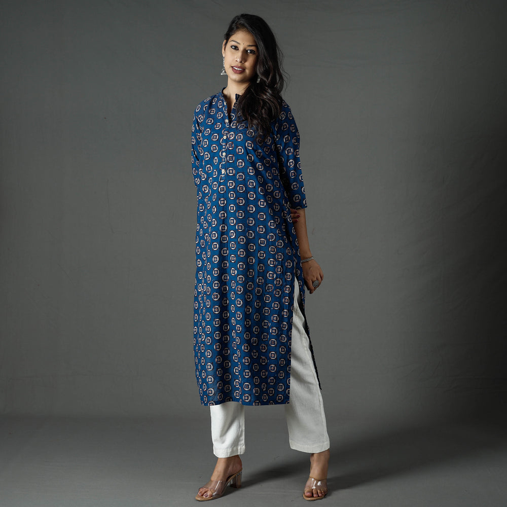 Blue - Pipad Block Printed Cotton Long Straight Kurta