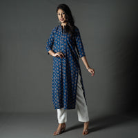 Blue - Pipad Block Printed Cotton Long Straight Kurta