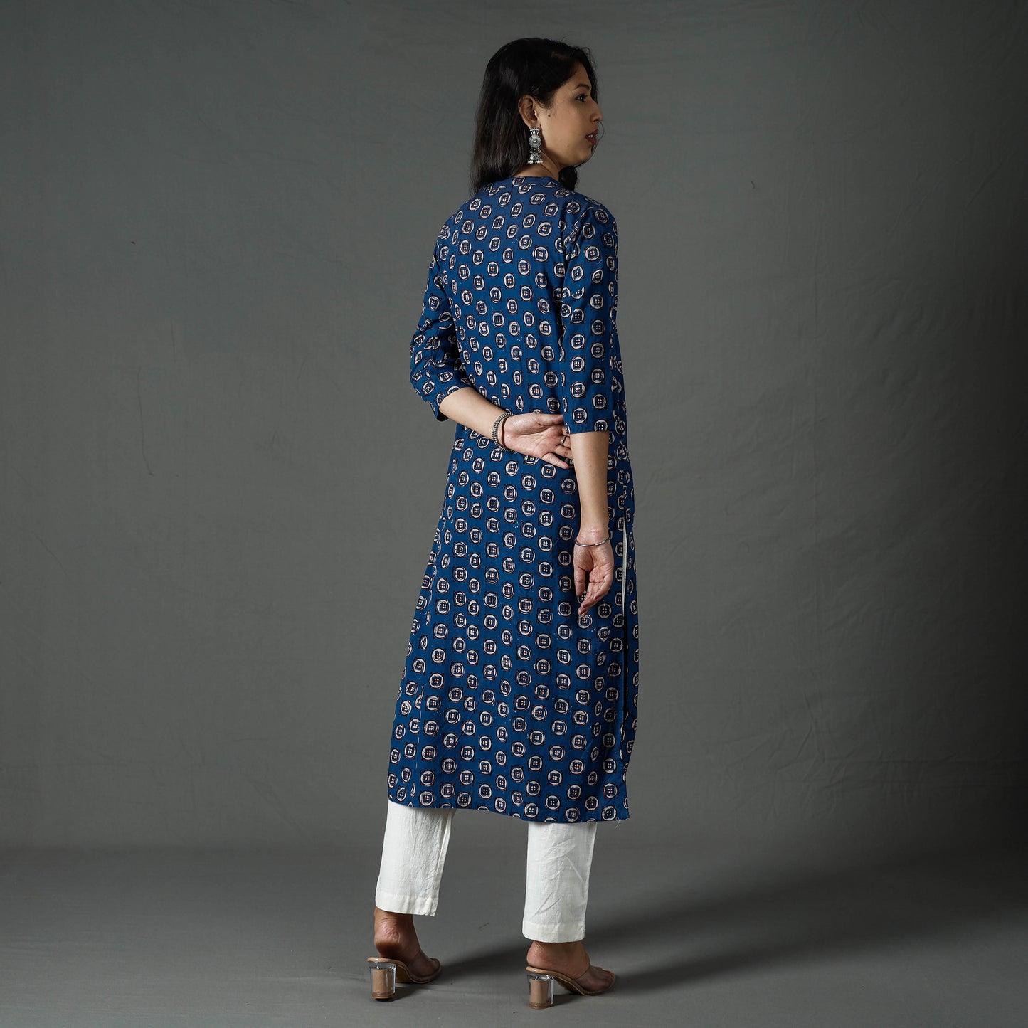 Blue - Pipad Block Printed Cotton Long Straight Kurta