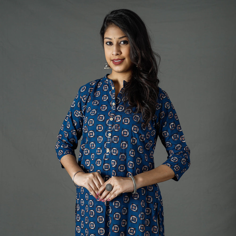 Blue - Pipad Block Printed Cotton Long Straight Kurta