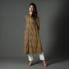 Buy Brown Pipad Block Printed Cotton Long Kurta for Women
