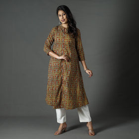 Buy Brown Pipad Block Printed Cotton Long Kurta for Women