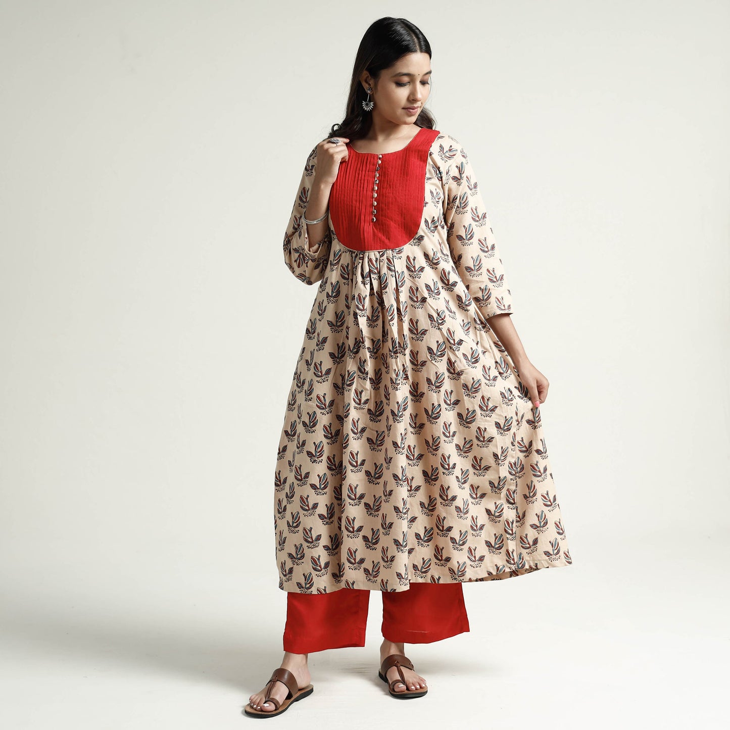 Beige - Mangalagiri Block Printed Cotton Kurta with Palazzo Set