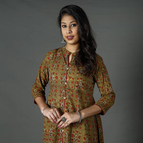 Buy Brown Pipad Block Printed Cotton Long Kurta for Women