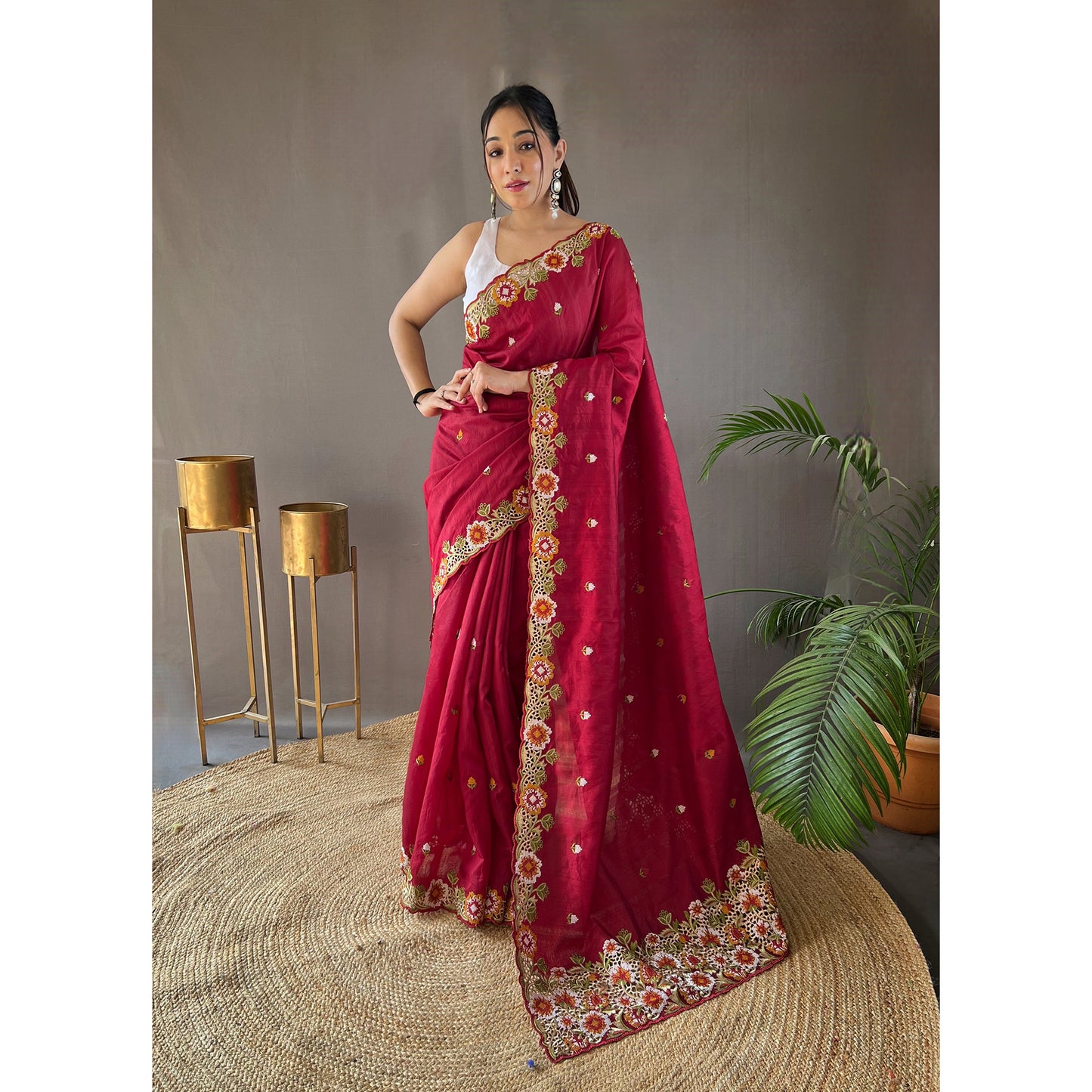 Narmada Red Tussar Silk Handwork Saree