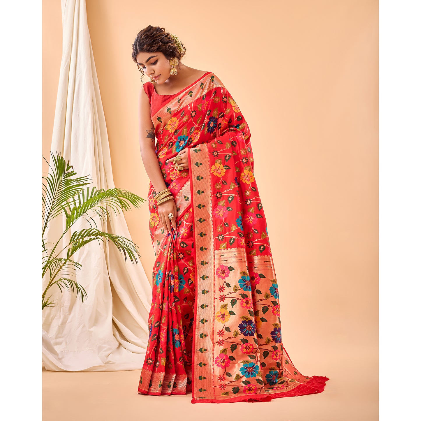 Radhika Red Paithani Silk Handwork Saree