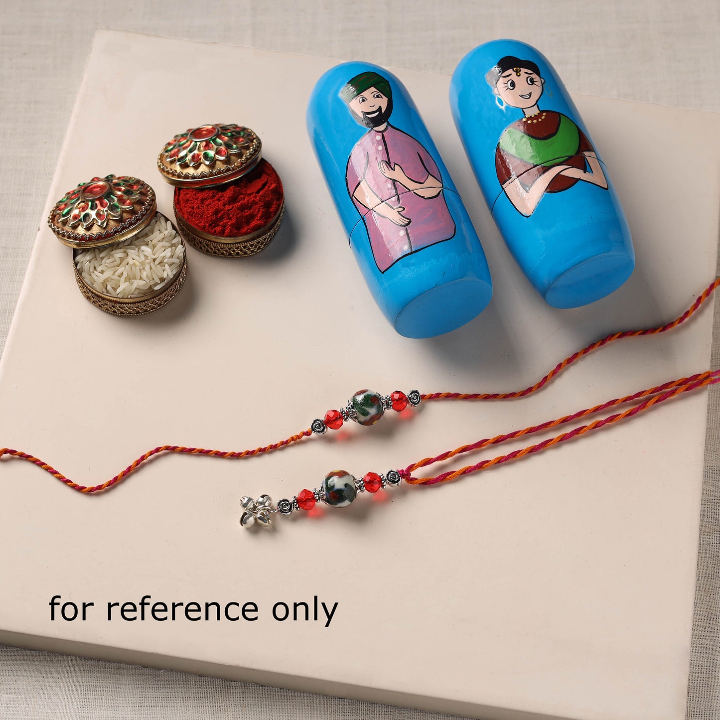 Handmade Blue Pottery & GS Bead Work Bhaiya Bhabhi Rakhi Set 22