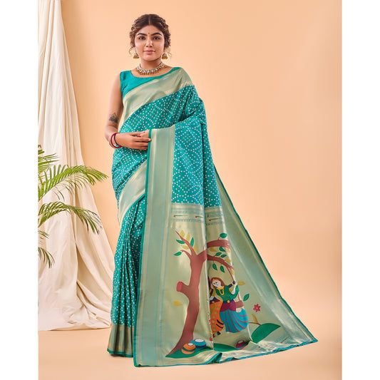 Green - Bandhej Paithani Rama Paithani Silk Handwork Saree