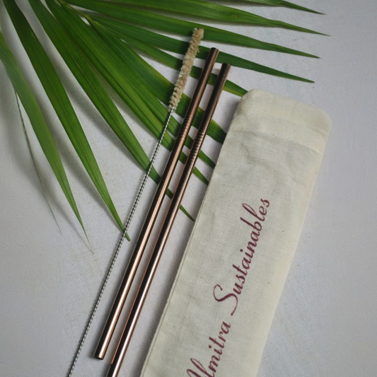 Handmade Reusable Copper Straw (Straight) Pack of 2 with Cleaner