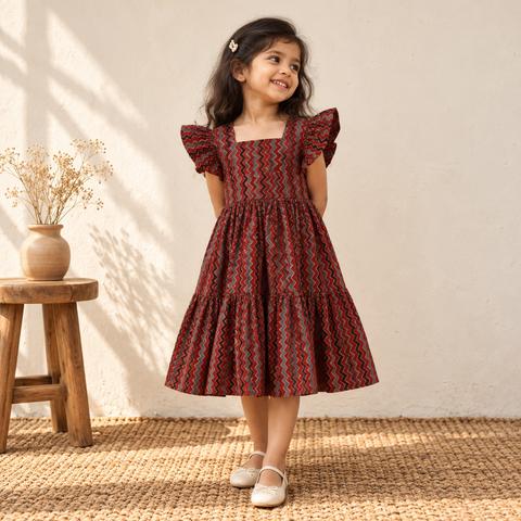 Pure Cotton Girls Tiered Frock Dress in Ajrakh Block Print (3-4 Years) 39