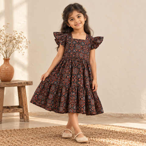 Pure Cotton Girls Tiered Frock Dress in Ajrakh Block Print (3-4 Years) 34