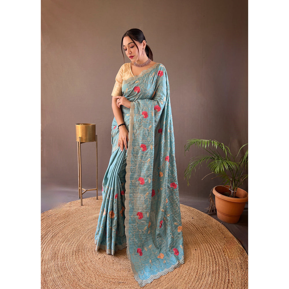 Leela Sky Tussar Silk Handwork Saree