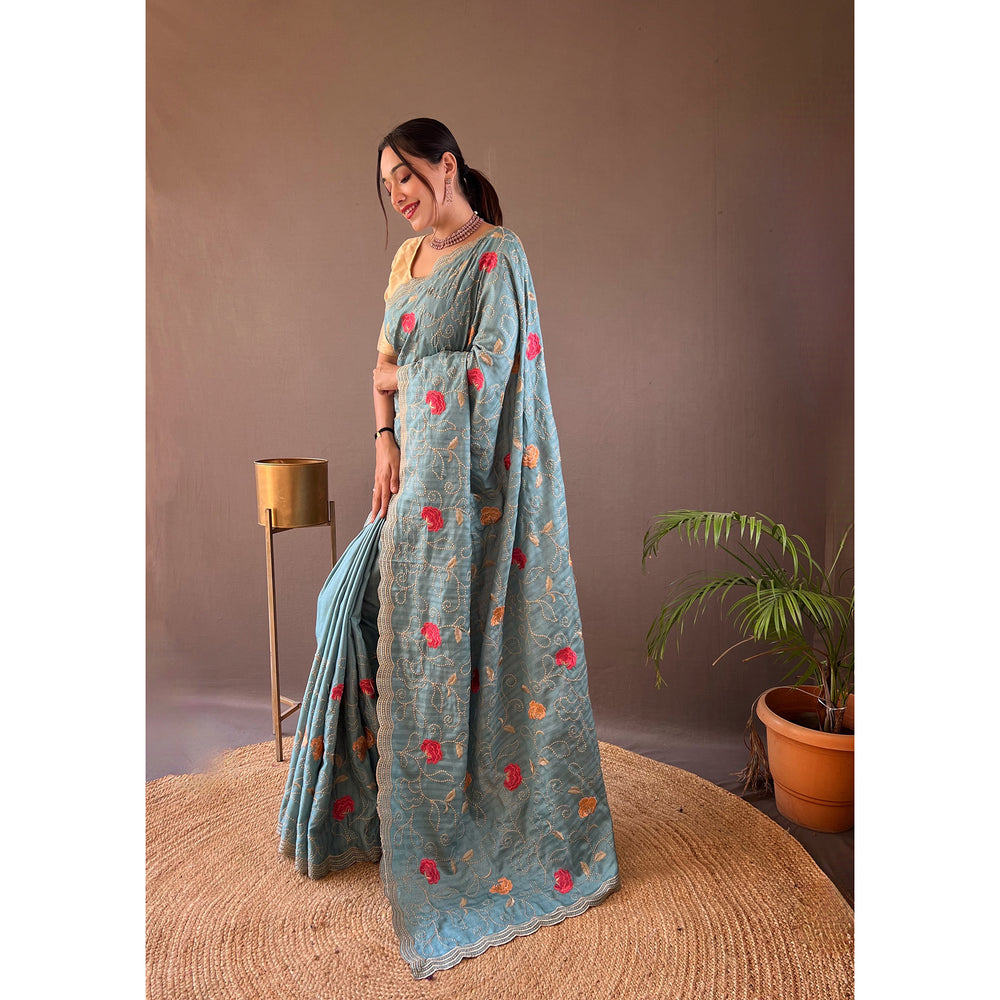 Leela Sky Tussar Silk Handwork Saree